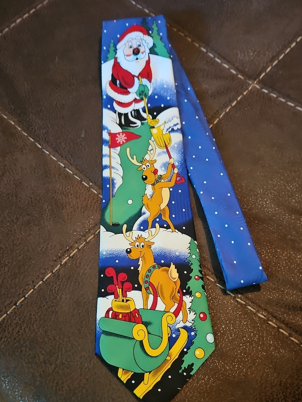 Festive Santa & Reindeer Novelty Tie - Blue Christmas Print Golf